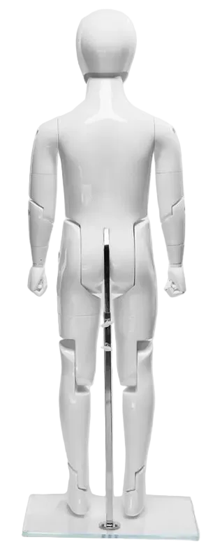Back view of glossy white posable child mannequin