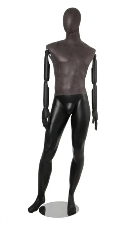 Posable male mannequin with mixed fabric finish and bendable arms, ideal for clothing displays by Posable Mannequins.