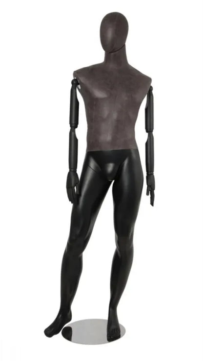 Posable male mannequin with mixed fabric finish and bendable arms, ideal for clothing displays by Posable Mannequins.