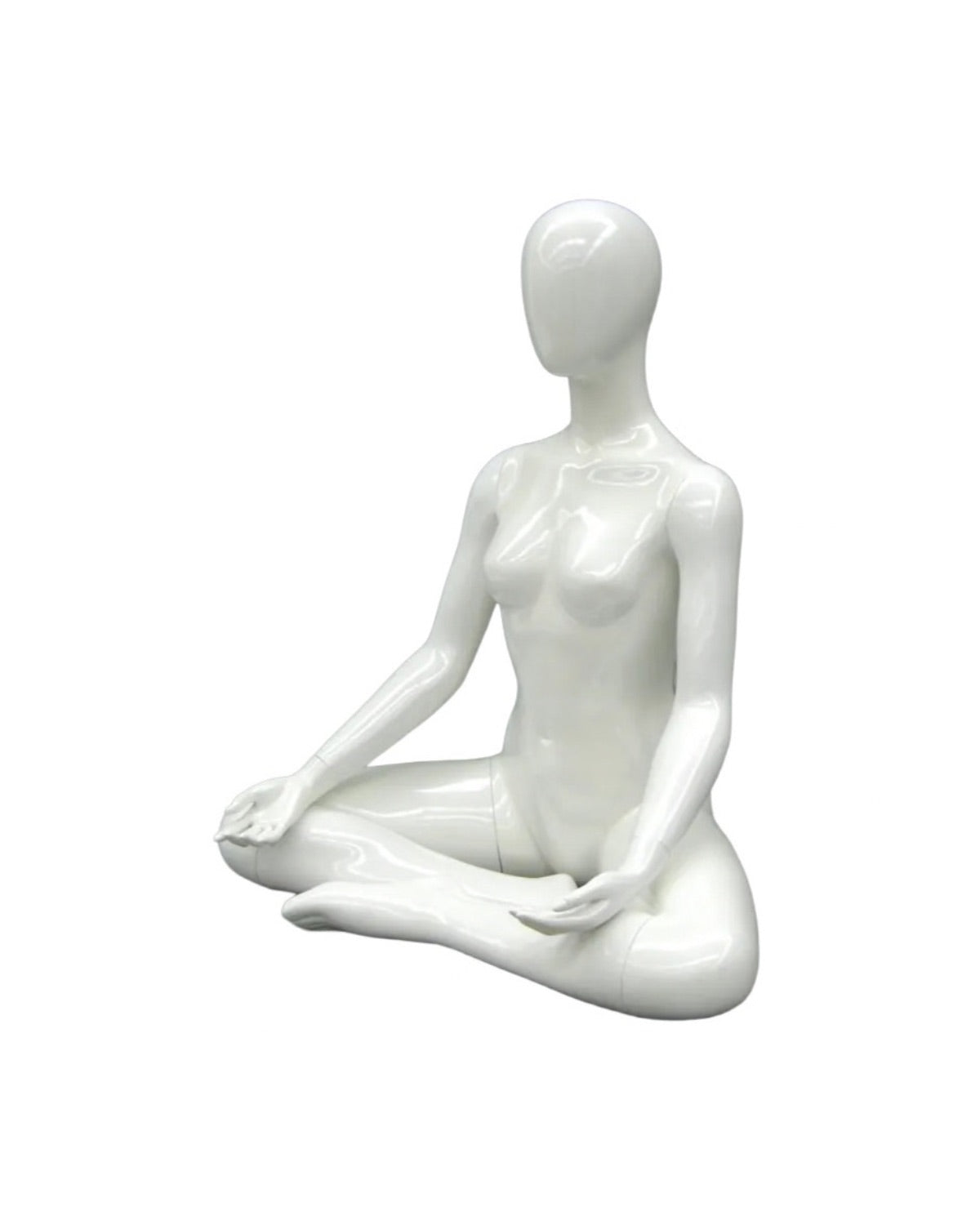 Posable female yoga mannequin in white with OM meditation pose, used for display by Roxy Display.
