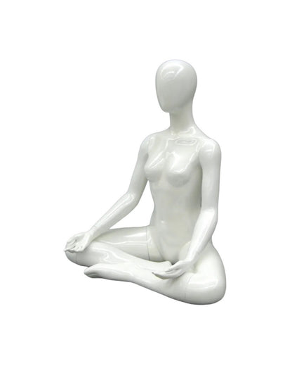 Posable female yoga mannequin in white with OM meditation pose, used for display by Roxy Display.