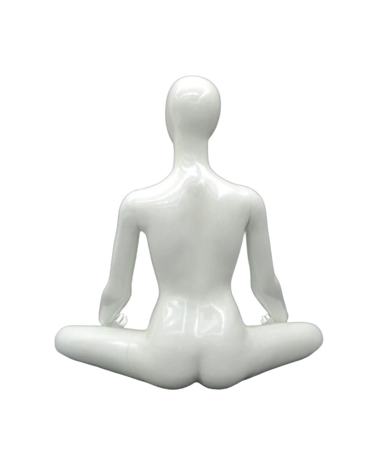White female yoga mannequin in OM meditation pose, posable display model for yoga and meditation product presentation.