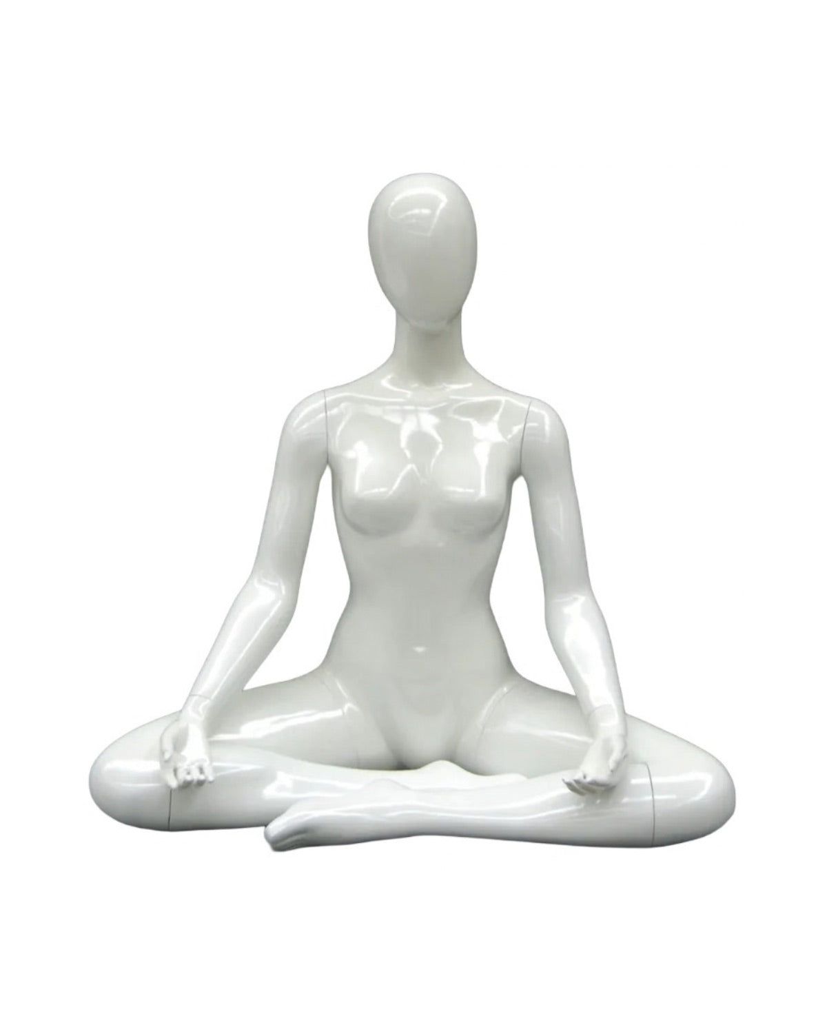 Posable female yoga mannequin in white with OM meditation pose, made by Roxy Display for yoga and meditation displays.