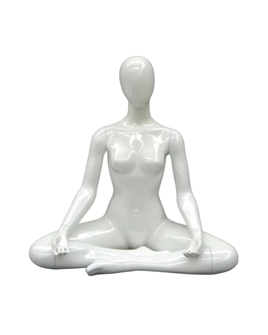 Posable female yoga mannequin in white with OM meditation pose, made by Roxy Display for yoga and meditation displays.