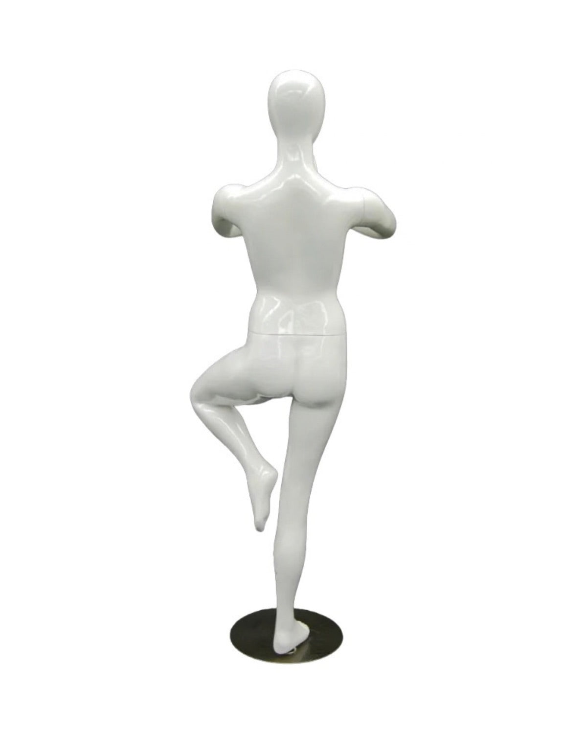 Posable female yoga mannequin in white performing Tree Pose, showcasing Roxy Display's realistic yoga mannequin model.