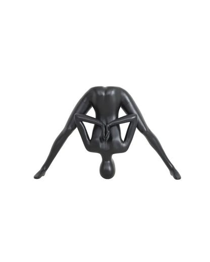 Posable female yoga mannequin performing upside-down Namaste pose, black display model by Roxy Display.