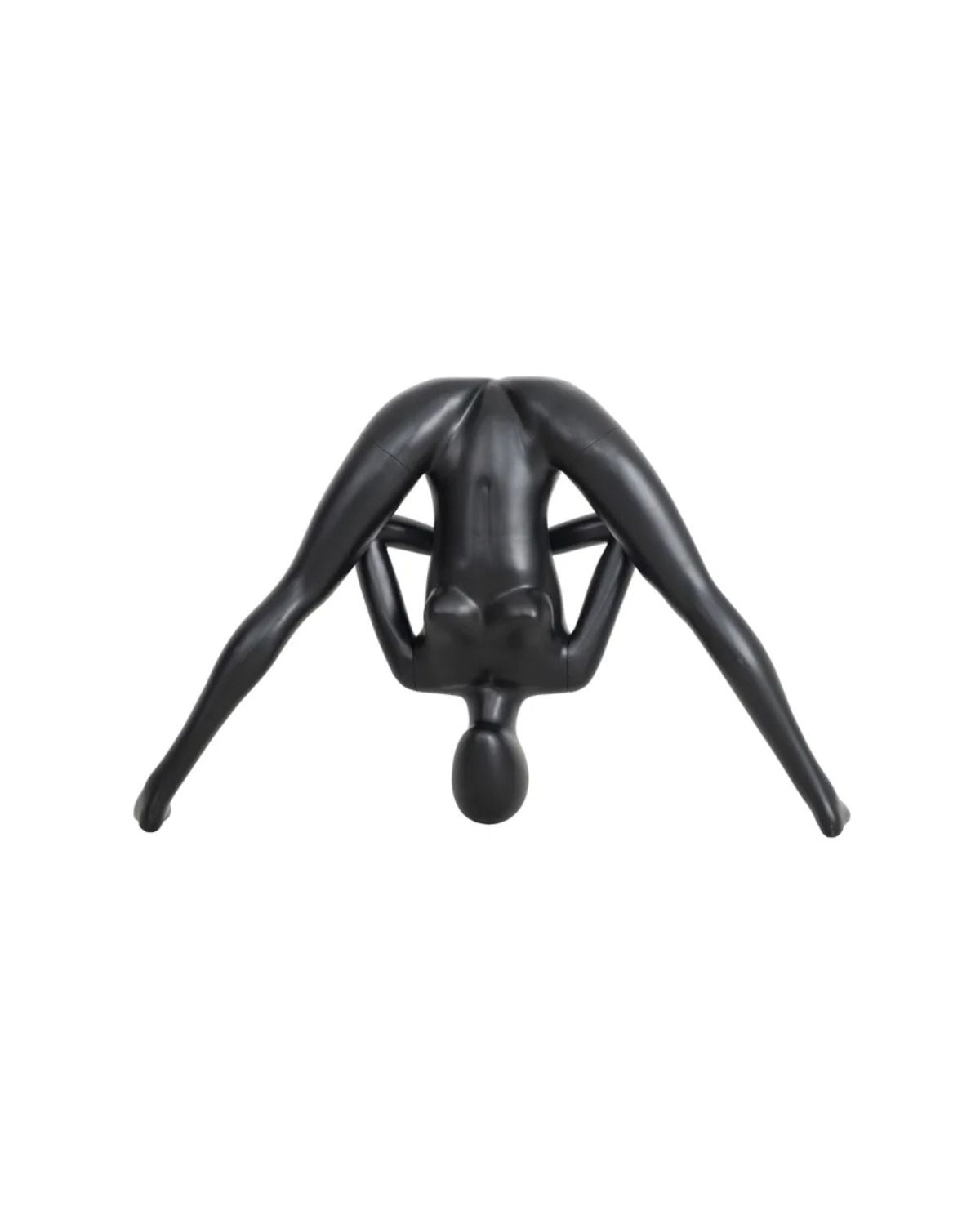 Posable female yoga mannequin in upside down Namaste pose, black display mannequin by Roxy Display for yoga and activewear products.