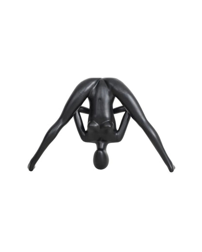 Posable female yoga mannequin in upside down Namaste pose, black display mannequin by Roxy Display for yoga and activewear products.