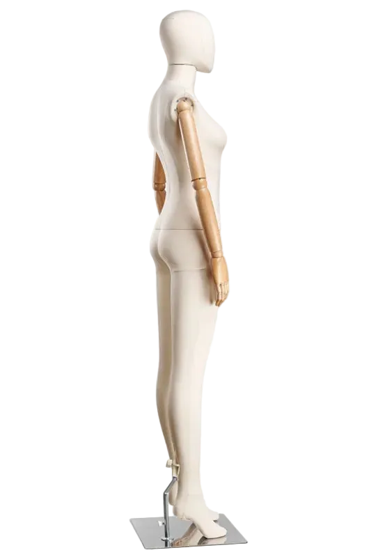 angled view female fabric mannequin articulating arms