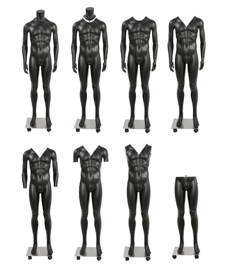 Matte black male full body ghost mannequin with magnetic removable components, ideal for clothing display and retail signage.