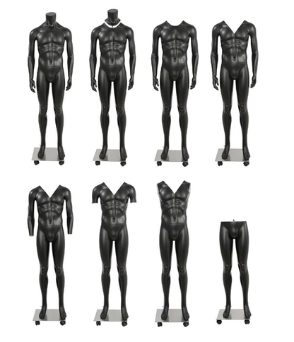 Matte black male full body ghost mannequin with magnetic removable components, ideal for clothing display and retail signage.
