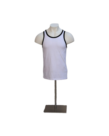 Colorful male torso display form by Posable Mannequins, showcasing a realistic, posable mannequin torso for retail displays.