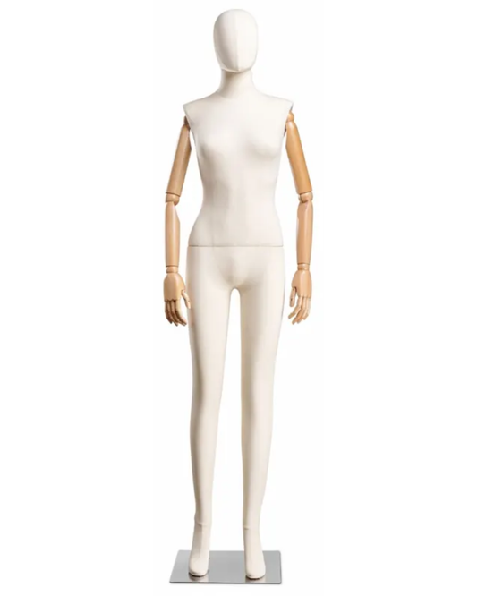 female fabric mannequin standing and seated poses with articulating wooden arms