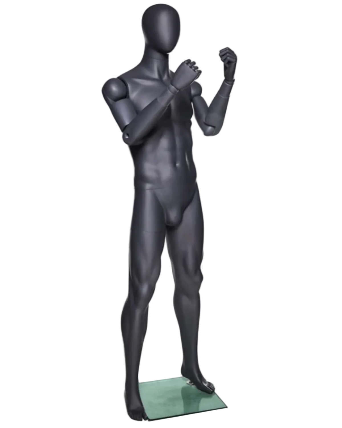athletic grey male mannequin boxing pose flexible arms egghead