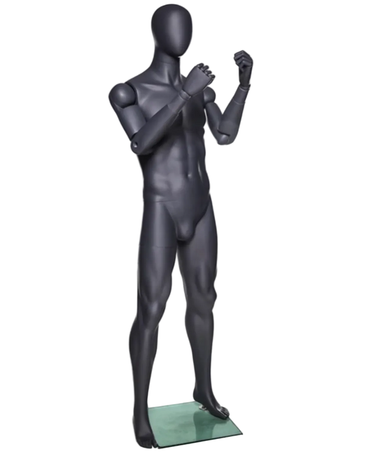 athletic grey male mannequin boxing pose flexible arms egghead