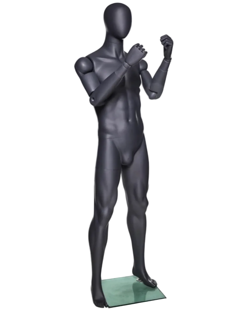 athletic grey male mannequin boxing pose flexible arms egghead