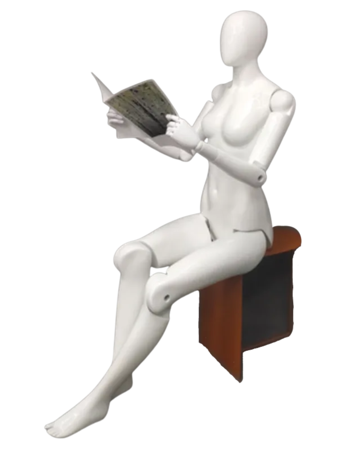 Glossy white female mannequin seated pose demonstrating flexible arms and legs