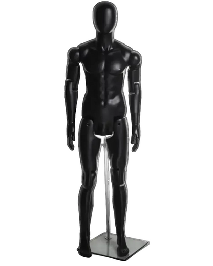 Front view of black satin posable male mannequin with articulated fiberglass joints