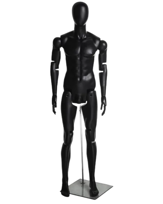Front view of black satin posable male mannequin with articulated fiberglass joints