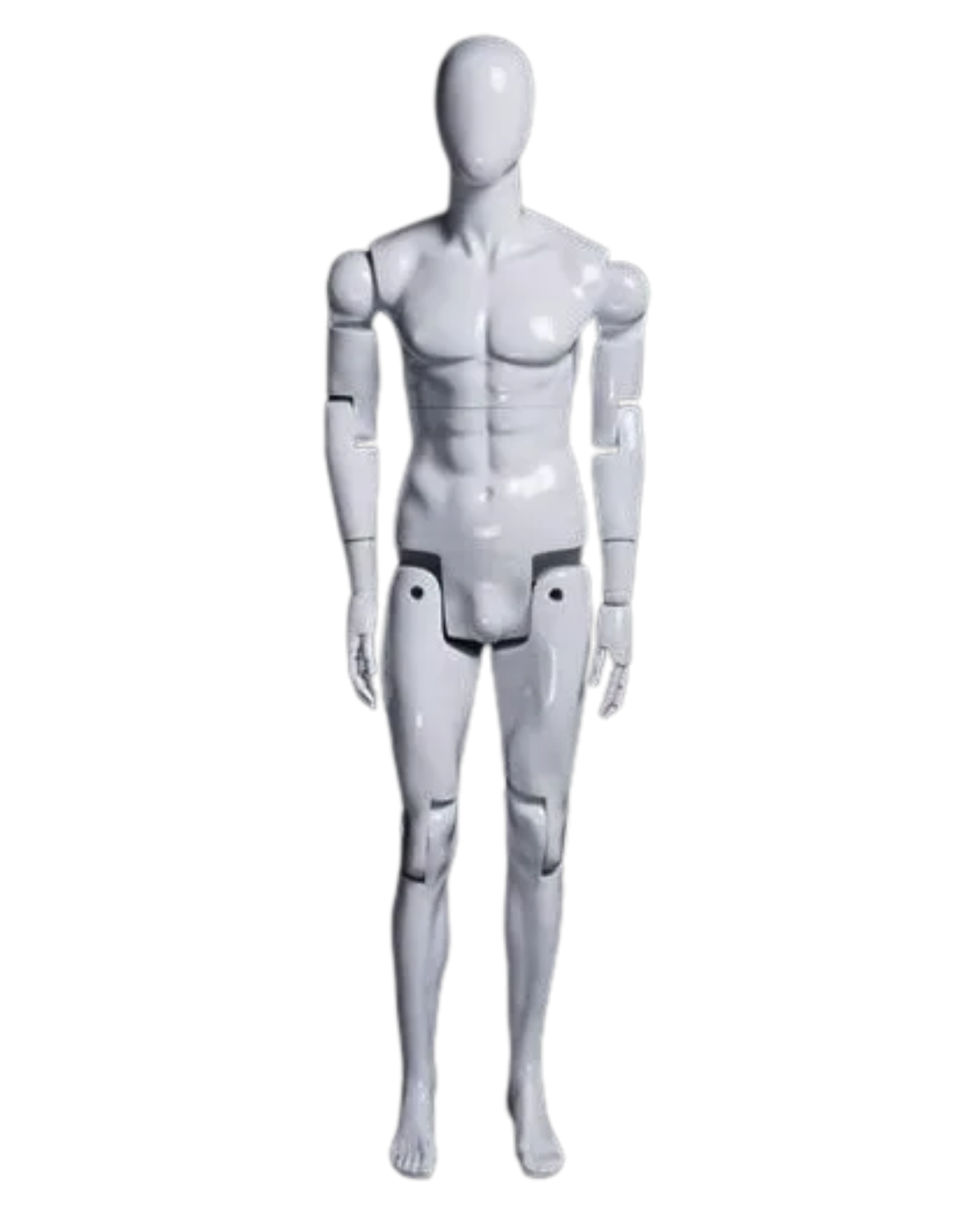 Glossy white fiberglass male mannequin with flexible joints, 5'10" posable display mannequin for retail or fashion showcases.