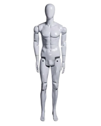 Glossy white fiberglass male mannequin with flexible joints, 5'10" posable display mannequin for retail or fashion showcases.