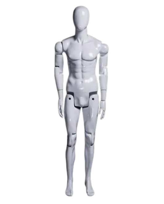 Glossy White Male Mannequin with Flexible Joints – Fiberglass Posable Display | 5'10"