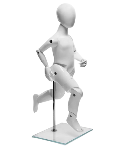 Posable toddler mannequin in dynamic running position