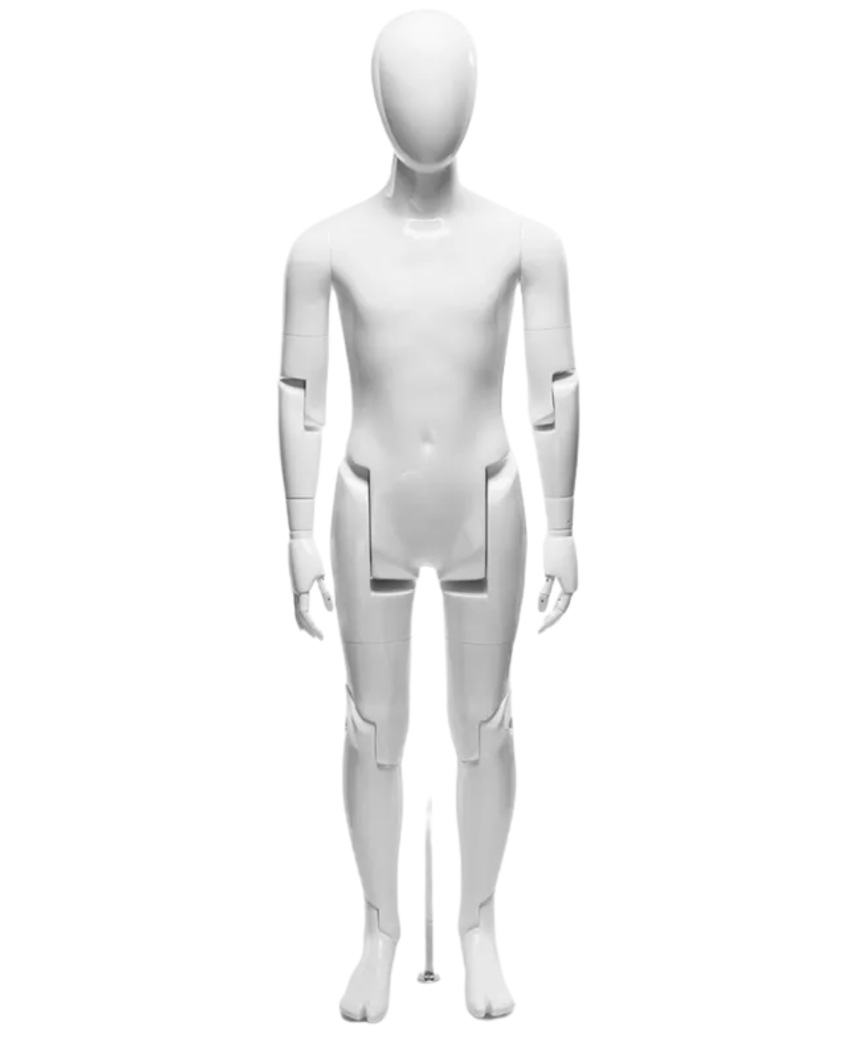 Glossy white fiberglass 10T posable child mannequin with flexible joints, ideal for retail display and visual merchandising.