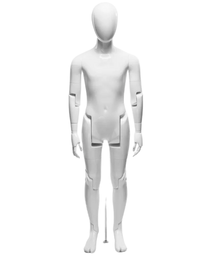 Glossy white fiberglass 10T posable child mannequin with flexible joints, ideal for retail display and visual merchandising.