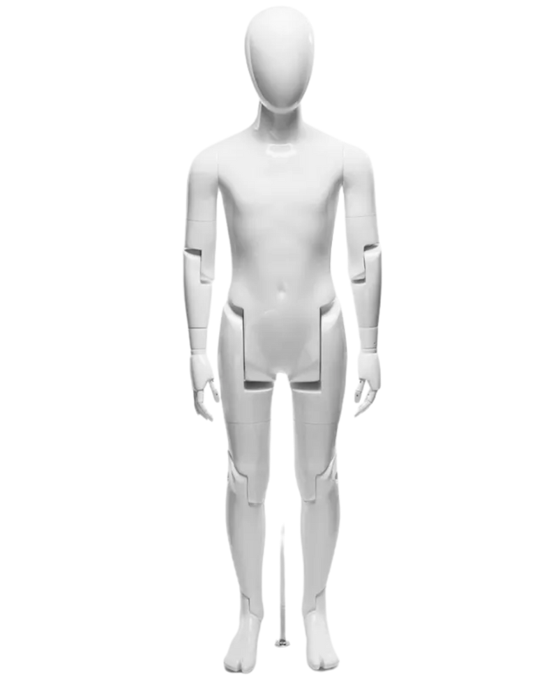Glossy white fiberglass 10T posable child mannequin with flexible joints, ideal for retail display and visual merchandising.