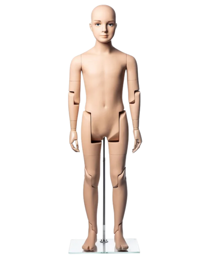 Front view of realistic fiberglass 10T child mannequin with articulated limbs