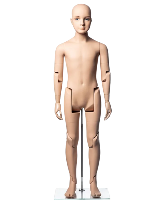 Front view of realistic fiberglass 10T child mannequin with articulated limbs