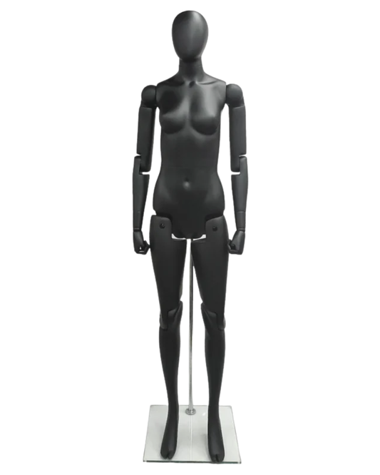 Matte black posable female mannequin in dynamic running pose with articulated arms and legs