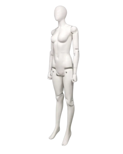 Glossy white fully posable female mannequin with articulated joints, ideal for displaying clothing and fashion accessories.