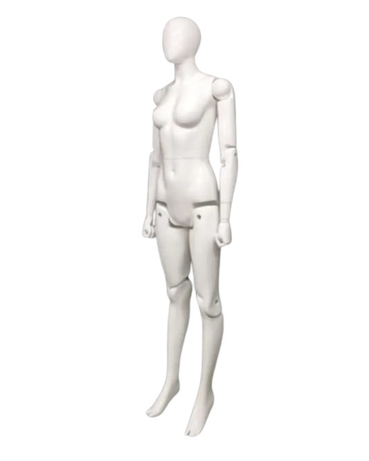 Fully Posable Female Mannequin – Glossy White with Articulated Joints