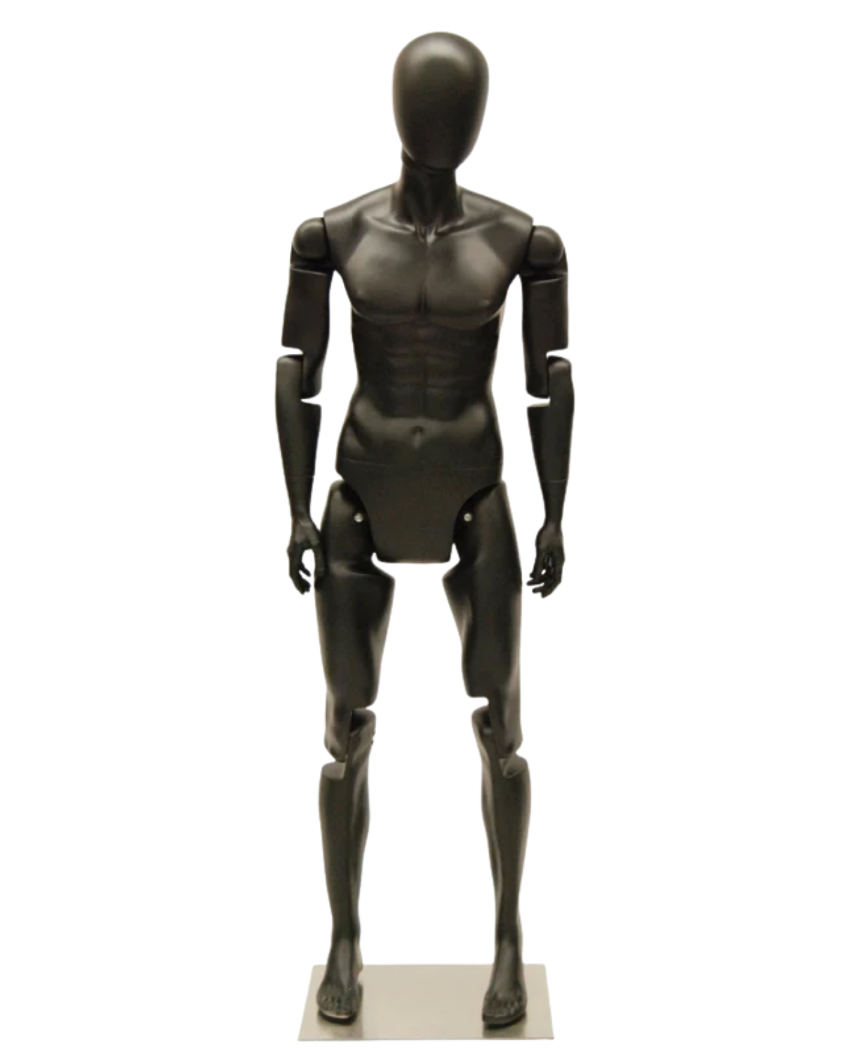 Front view of matte black posable male mannequin with articulated fiberglass joints