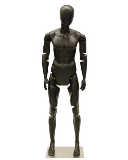 Front view of matte black posable male mannequin with articulated fiberglass joints