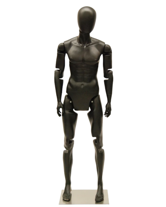 Front view of matte black posable male mannequin with articulated fiberglass joints
