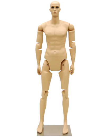 Front view of fully posable fleshtone male mannequin with articulated fiberglass joints