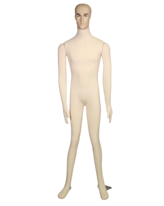Front view of flexible male mannequin with realistic head and tan jersey fabric covering