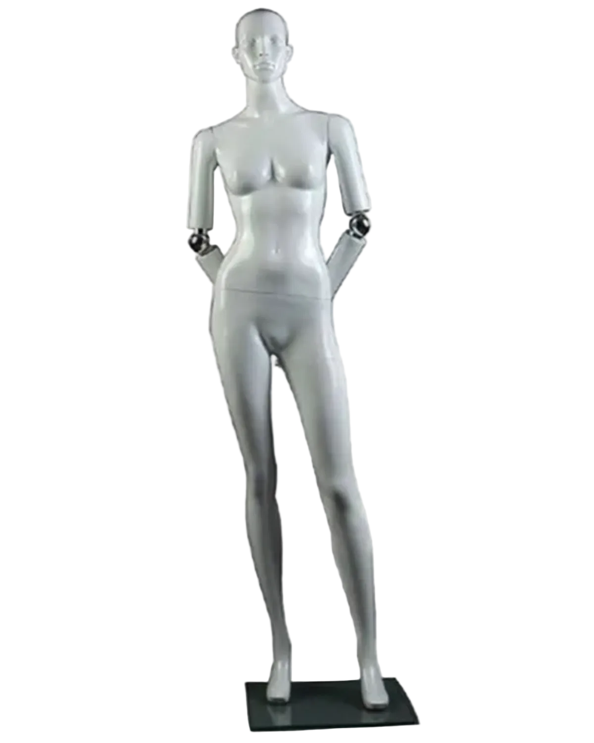 Front view of gloss white female mannequin with realistic facial features and posable elbows