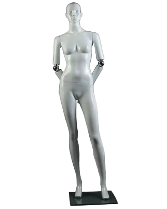 Front view of gloss white female mannequin with realistic facial features and posable elbows