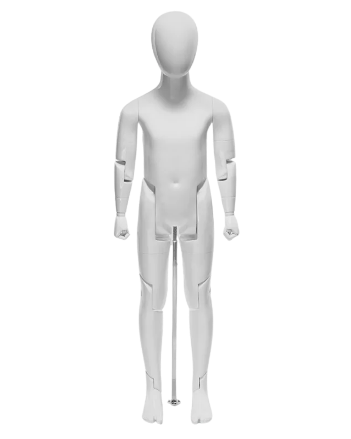 Front view of glossy white articulated child mannequin