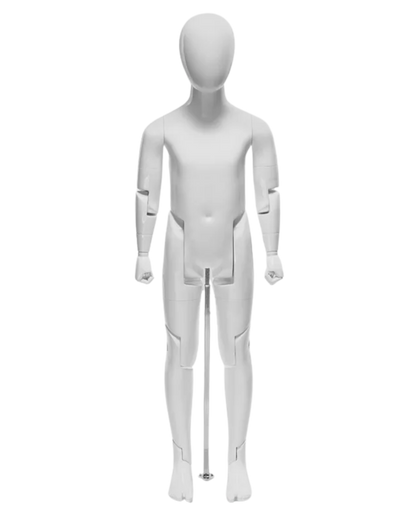 Front view of glossy white articulated child mannequin