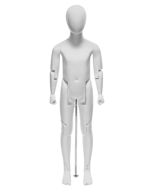 Front view of glossy white articulated child mannequin