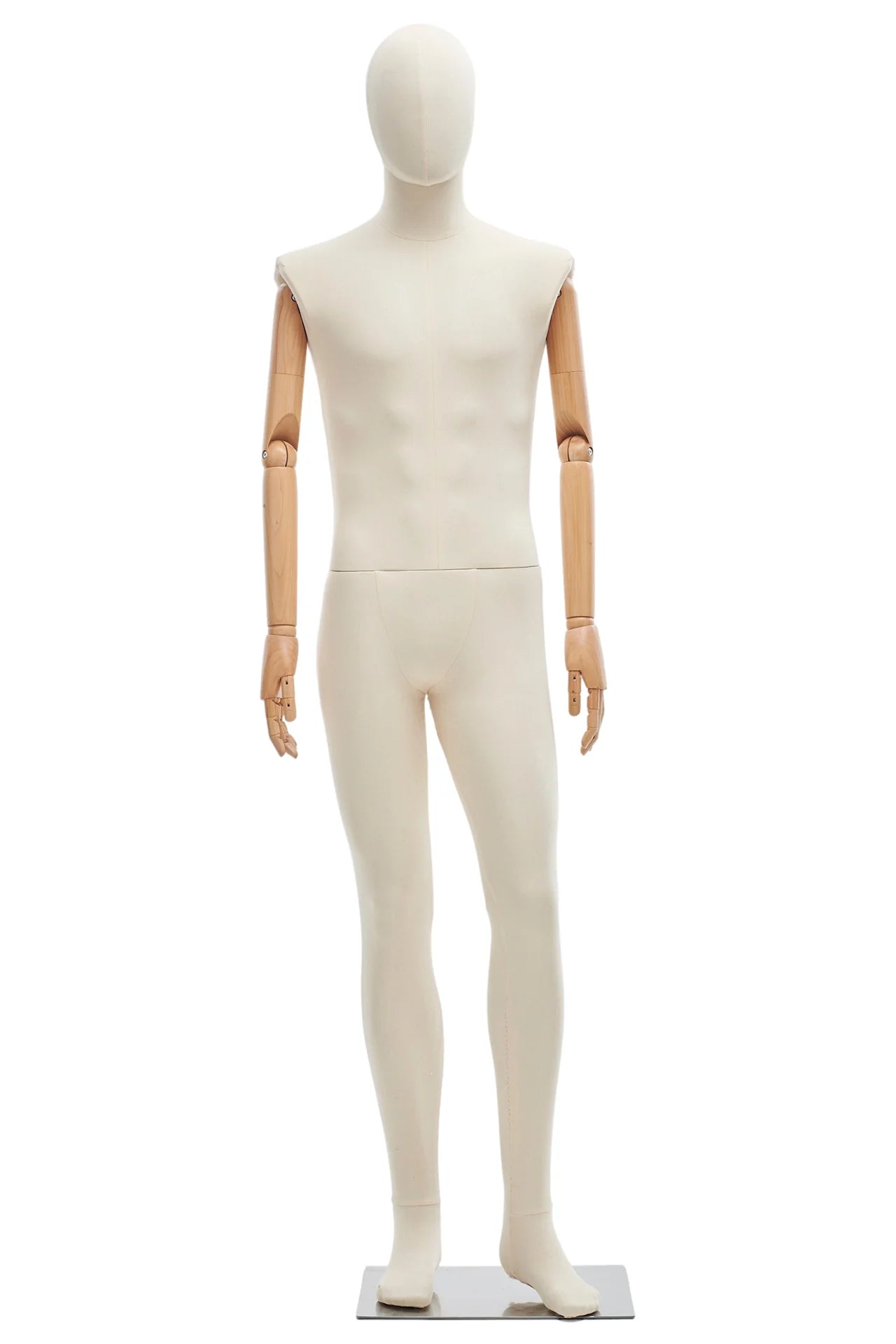 Male fabric-wrapped posable mannequin with articulated wooden arms, ideal for displaying clothing in retail settings.