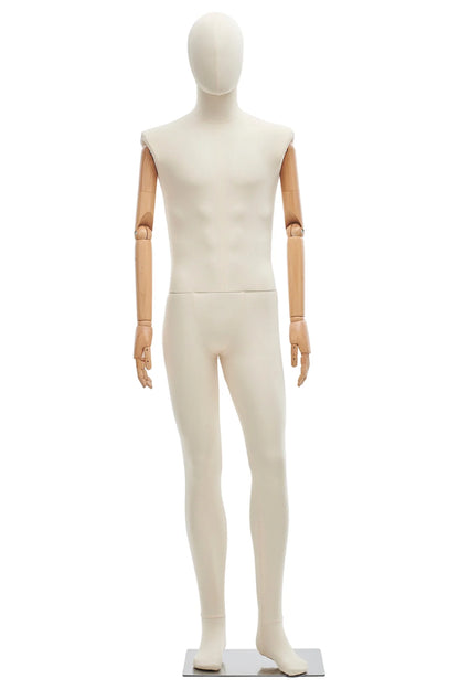 Male fabric-wrapped posable mannequin with articulated wooden arms, ideal for displaying clothing in retail settings.