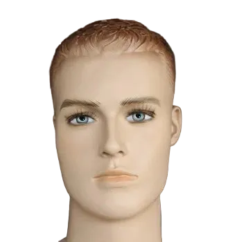 Mannequin head with a styled haircut on a black background