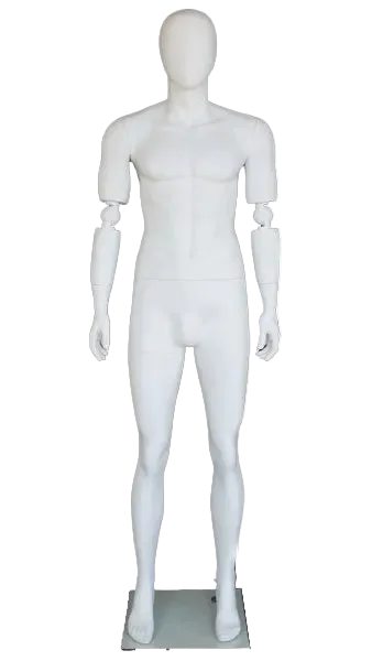 Matte white fiberglass mannequin demonstrating adjustable arm positioning