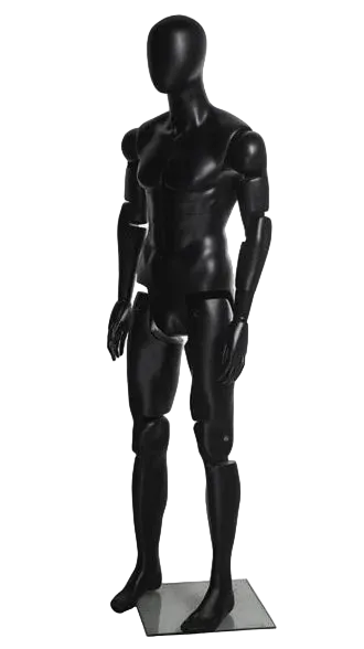 Angled view of black satin articulated male mannequin for retail display